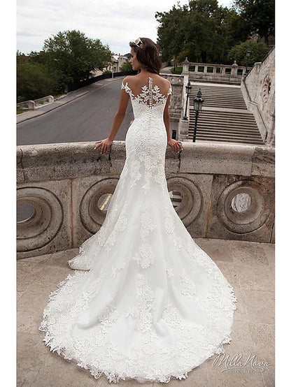 Engagement Open Back Formal Wedding Dresses Court Train Mermaid / Trumpet Cap Sleeve Off Shoulder Lace With Appliques