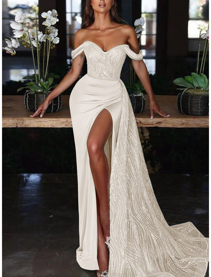 Mermaid Dress Evening Gown  Wedding Guest Court Train Sleeveless Off Shoulder Charmeuse with Ruched Sequin Slit