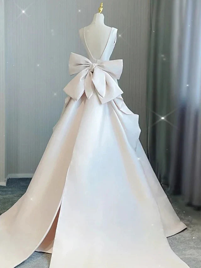 Hall Casual Wedding Dresses Court Train A-Line Sleeveless V Neck Satin With Bow(s) Pleats Bridal