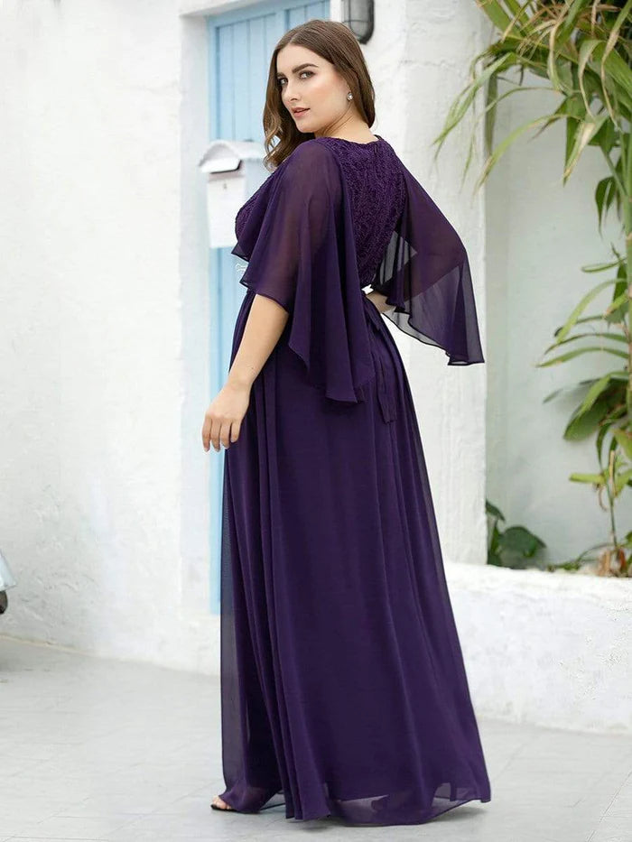 Dark Purple Deep V Neck Lace Bodice Long Flowy Evening Dress Chiffon Mother of the Bride Dresses