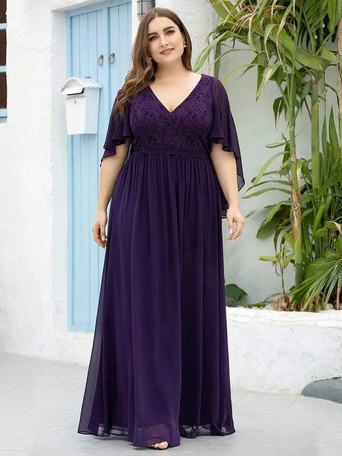 Dark Purple Deep V Neck Lace Bodice Long Flowy Evening Dress Chiffon Mother of the Bride Dresses