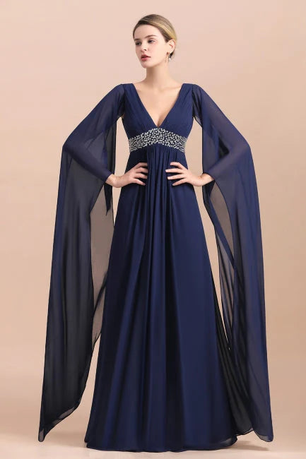 Navy Long Sleeve Floor-length Chiffon Mother Of the Bride Dress With Ruffles Online