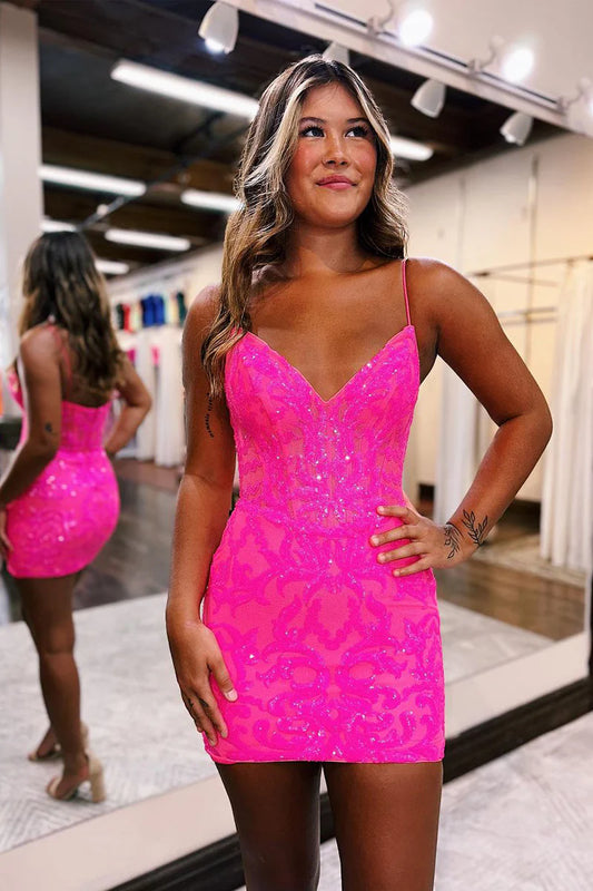 Hot Pink V Neck Sequin Lace Tight Short Homecoming Dress