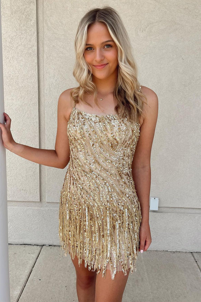 Champagne Sequins Scoop Neck Tight Homecoming Dres