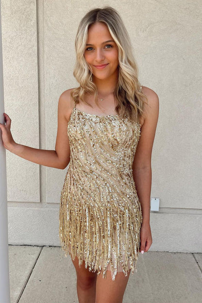 Champagne Sequins Scoop Neck Tight Homecoming Dres