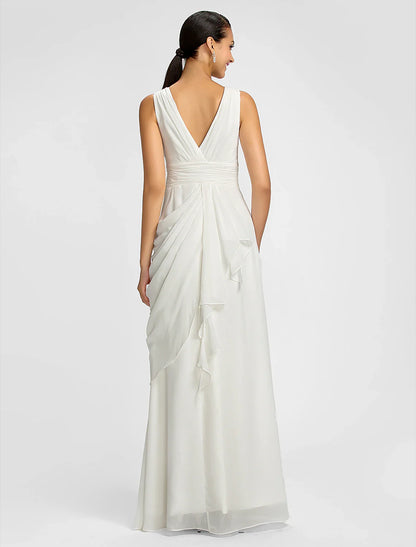 Sheath / Column V Neck Floor Length Chiffon Bridesmaid Dress with Draping / Sash / Ribbon