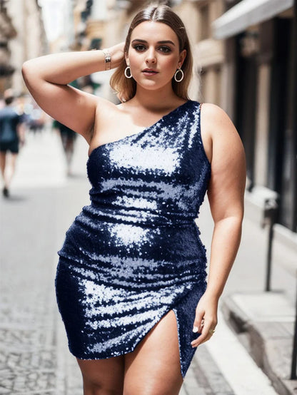 Plus Size Shiny One Shoulder Sequin Homecoming Dress