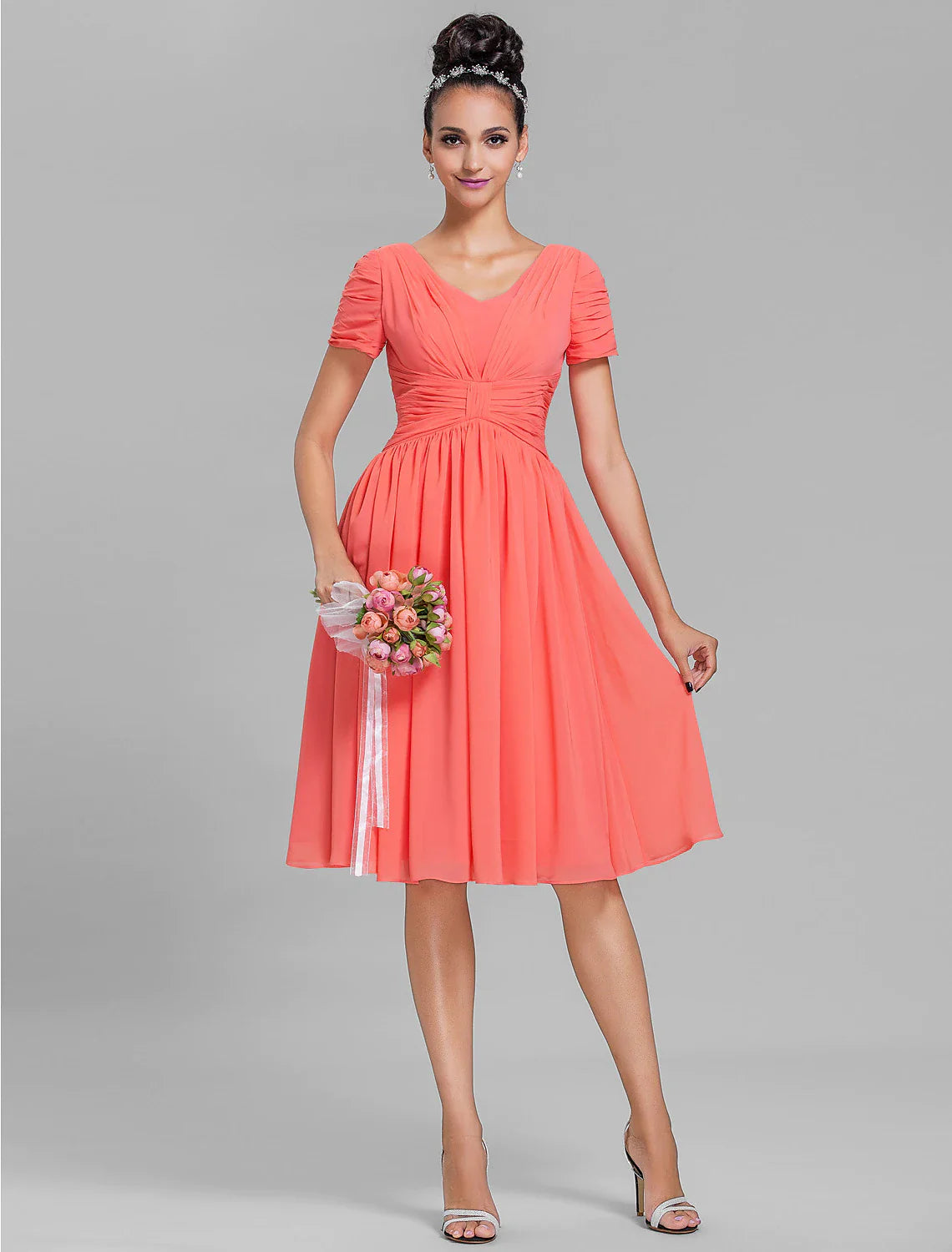 Bridesmaid Dress Short Sleeve Vintage Inspired Knee Length Chiffon with Ruched Draping