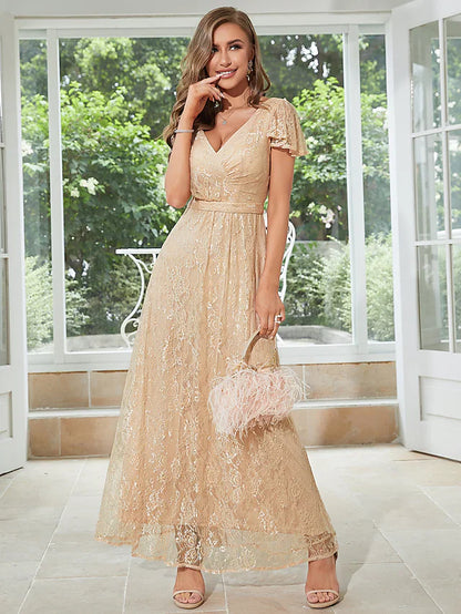 A-Line Wedding Guest Dresses Elegant Dress Party Wear Ankle Length Short Sleeve V Neck Chiffon with Ruffles