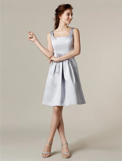 A-Line Bridesmaid Dress Square Neck Sleeveless Knee Length Satin with Sash / Ribbon / Bow(s)