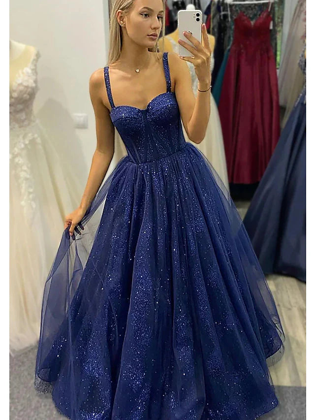 Ball Gown A-Line Prom Dresses Sparkle & Shine Dress Formal Floor Length Sleeveless Sweetheart Tulle Backless with Glitter Pleats