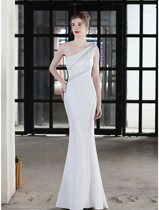 Mermaid / Trumpet Evening Gown Sexy Dress Wedding Guest Floor Length Sleeveless One Shoulder Stretch Satin with Crystals