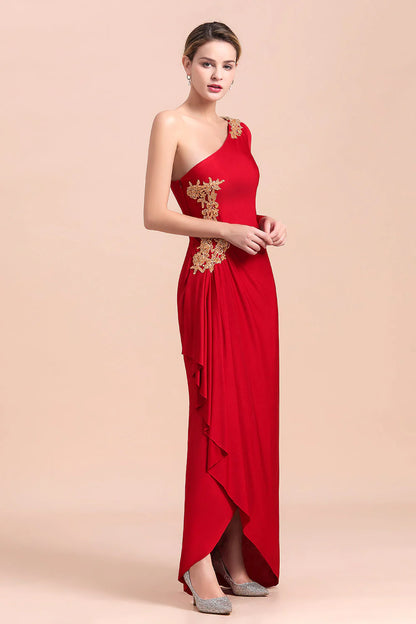 Red One-Shoulder Long Sleeves Ruffle Mother of Bride Dresses with Appliques