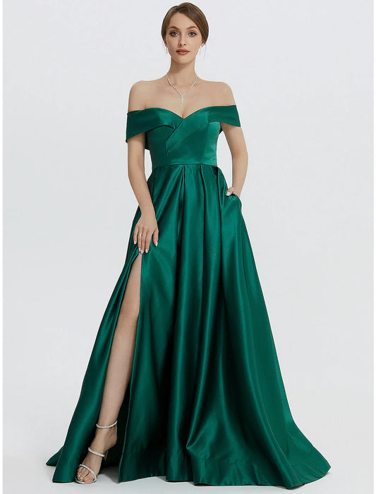 A-Line Evening Gown Elegant Dress Formal Prom Floor Length Sleeveless Sweetheart Satin with Slit