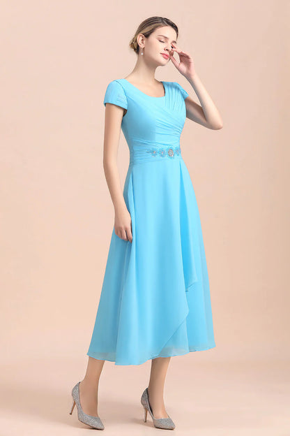 Elegant Blue Short Sleeves Chiffon Mother of the Bride Dress Tea-Length Online