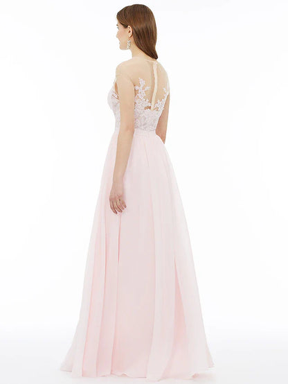 A-Line Bridesmaid Dress Illusion Neck Sleeveless Illusion Detail Floor Length Chiffon / Floral Lace with Sash / Ribbon / Appliques