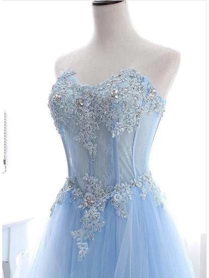 A-Line Sexy Floral Engagement Prom Birthday Dress Strapless Sleeveless Sweep / Brush Train Lace with Pleats Lace Insert