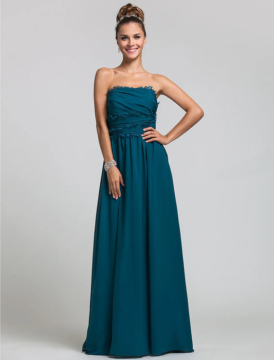 Sheath / Column Strapless Floor Length Chiffon Bridesmaid Dress with Side Draping / Ruffles