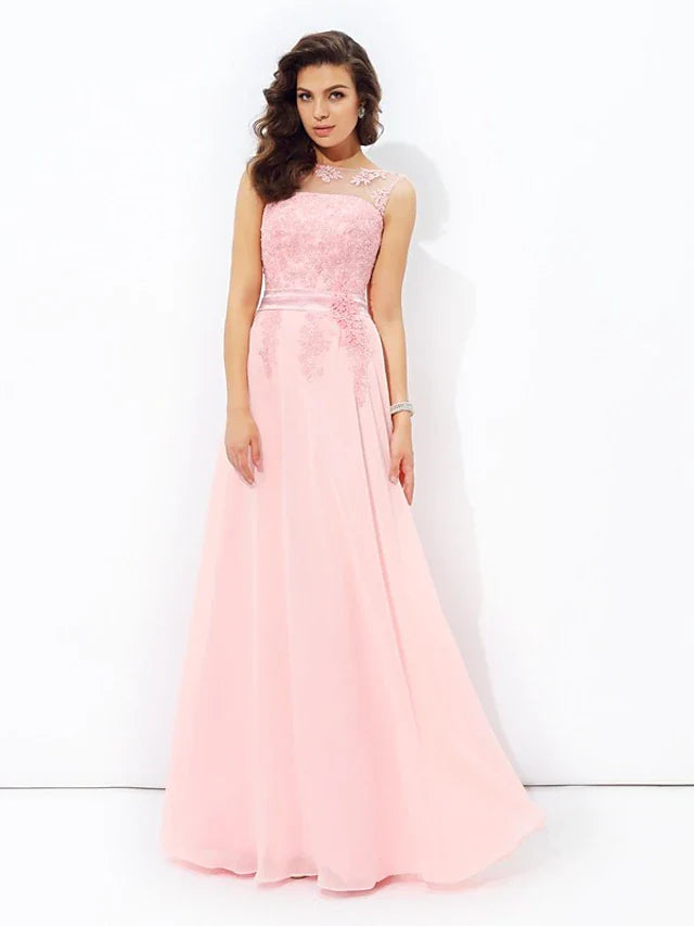 A-Line Prom Dresses Sparkle & Shine Dress Formal Floor Length Sleeveless Jewel Neck Chiffon with Appliques