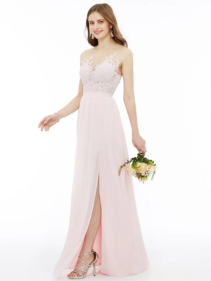 A-Line Bridesmaid Dress Illusion Neck Sleeveless Illusion Detail Floor Length Chiffon / Floral Lace with Sash / Ribbon / Appliques