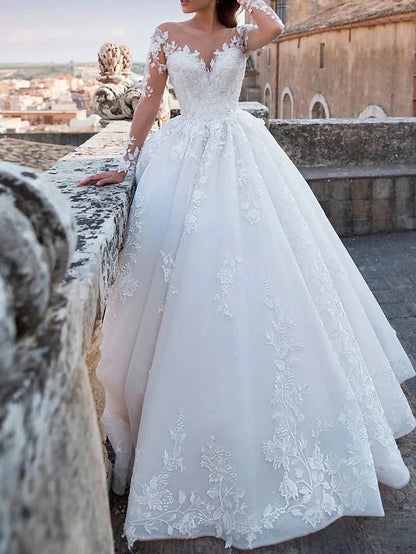 Engagement Sexy Formal Wedding Dresses Chapel Train Ball Gown Long Sleeve V Neck Lace With Appliques