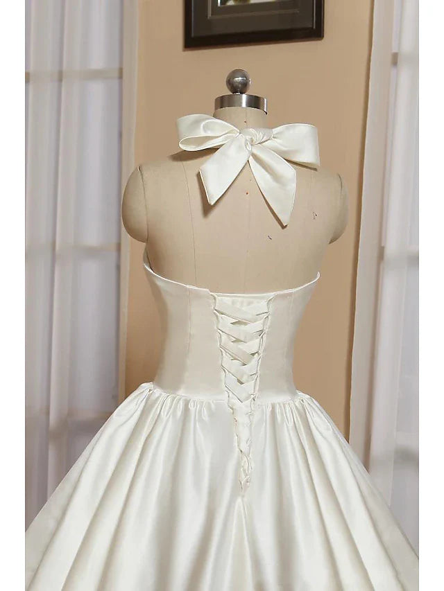 Bridal Shower Little White Dresses Wedding Dresses Tea Length A-Line Sleeveless Halter Satin With Bow(s) Pleats