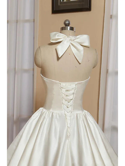 Bridal Shower Little White Dresses Wedding Dresses Tea Length A-Line Sleeveless Halter Satin With Bow(s) Pleats