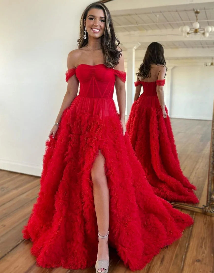 A-Line Princess Off The Shoulder Tiered Long Prom Dress With Slit