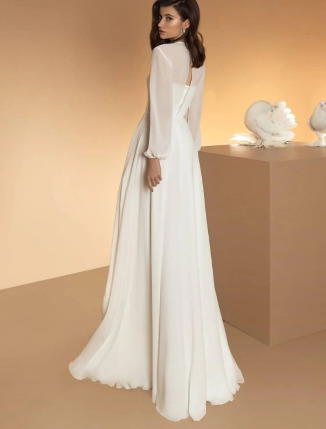 Hall Casual Wedding Dresses A-Line Illusion Neck Long Sleeve Floor Length Chiffon Bridal Gowns With