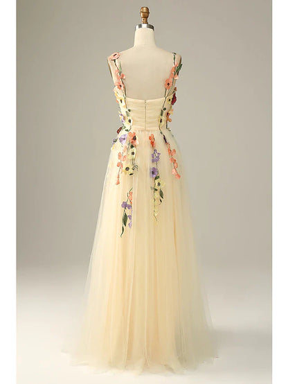 A-Line Wedding Guest Dresses Floral Dress Holiday Floor Length Sleeveless Spaghetti Strap Tulle with Appliques