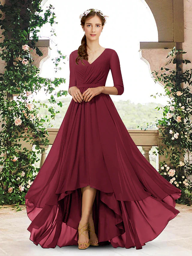 A-Line Bridesmaid Dress V Neck 3/4 Length Sleeve Elegant Sweep / Brush Train / Asymmetrical Chiffon with Pleats