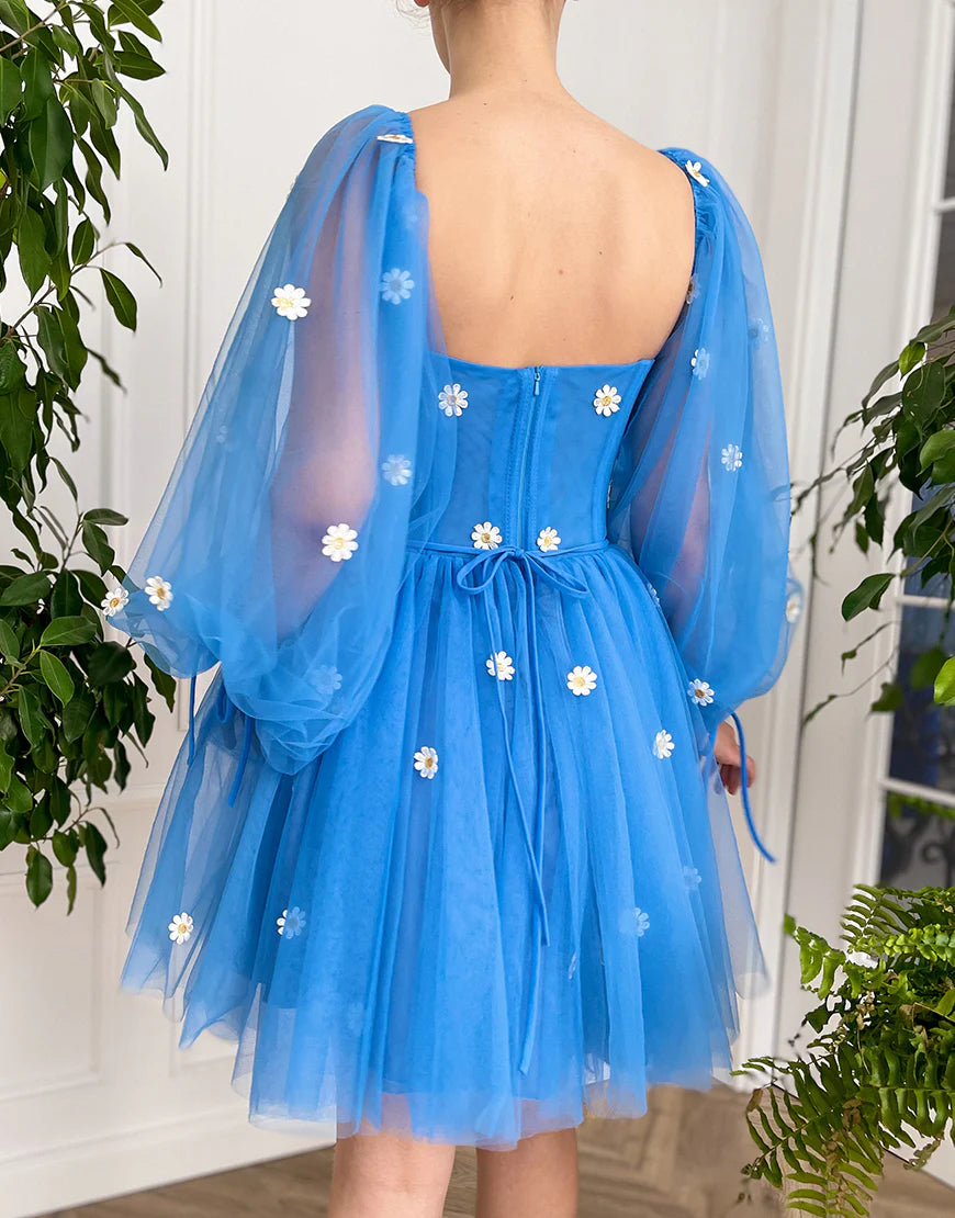 Cute A-Line Tulle Blue Short Party Dress Homecoming Dress