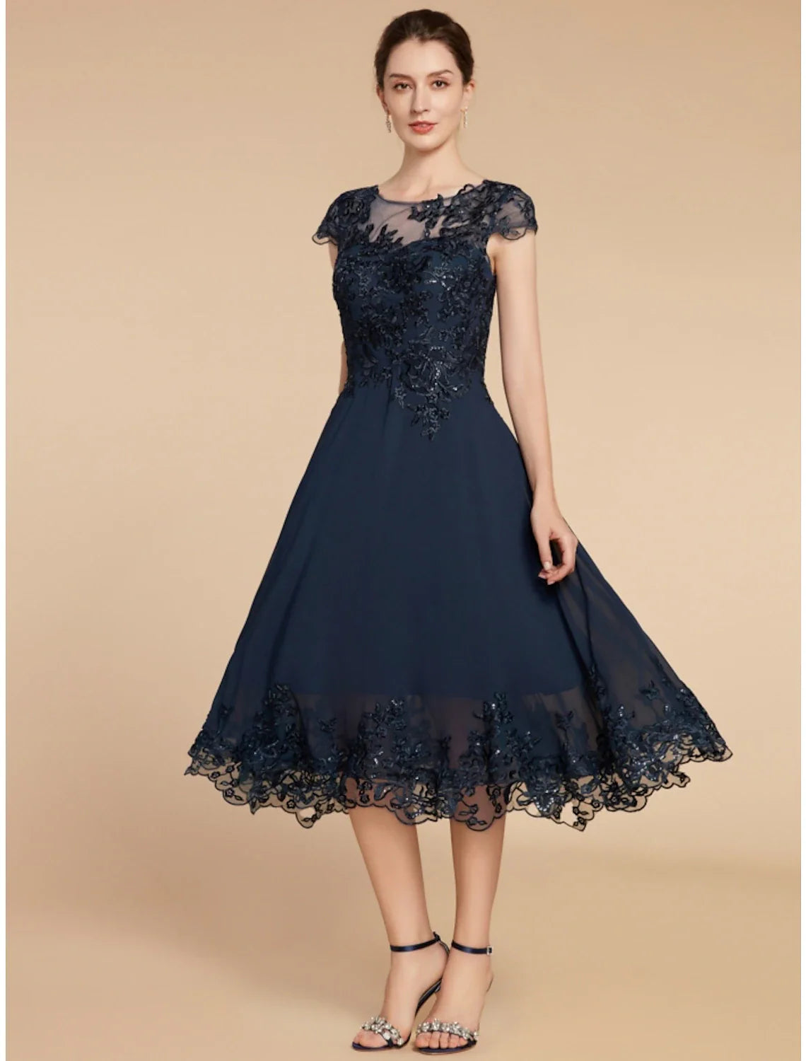 A-Line Mother of the Bride Dress Wedding Guest Elegant Petite Scoop Neck Tea Length Chiffon Lace Cap Sleeve with Sequin Ruching Solid Color