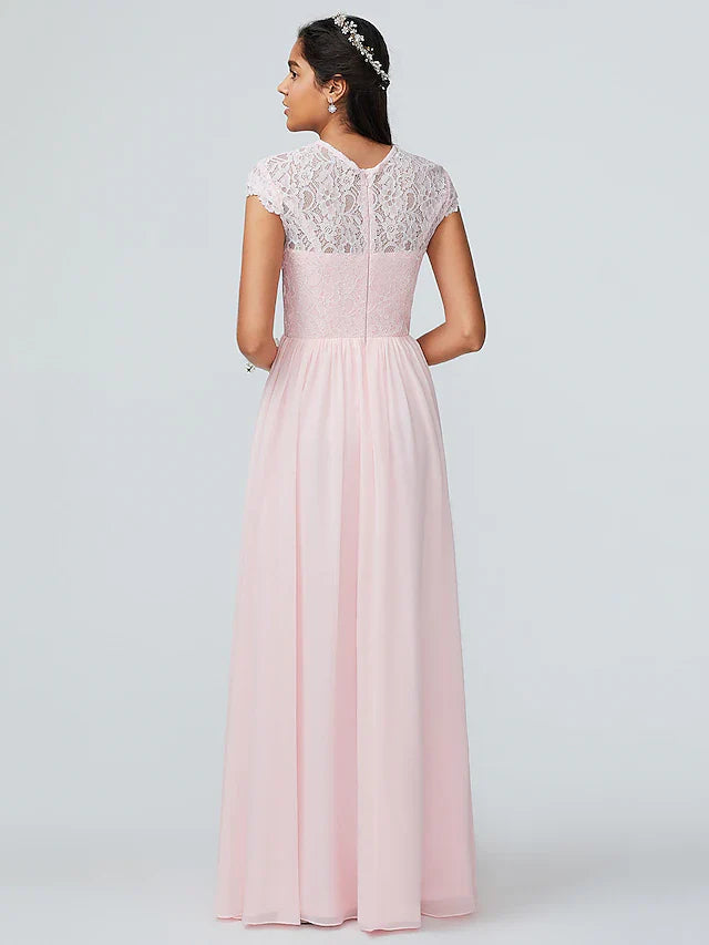 A-Line Bridesmaid Dress Jewel Neck Sleeveless Elegant Floor Length Chiffon with Lace / Sparkle & Shine