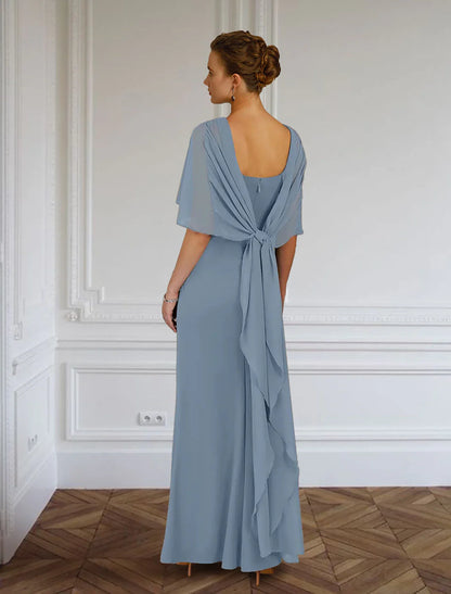 Sheath / Column Mother of the Bride Dress Formal Wedding Guest Elegant Simple Jewel Neck Floor Length Chiffon Sleeveless with Side Draping Solid Color