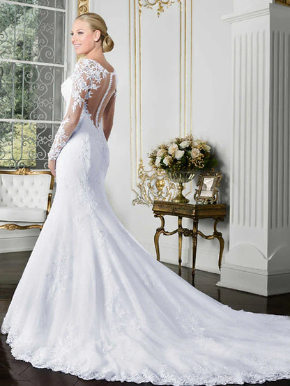 Open Back Sexy Formal Wedding Dresses Chapel Train Mermaid / Trumpet Long Sleeve Illusion Neck Lace With Lace Appliques