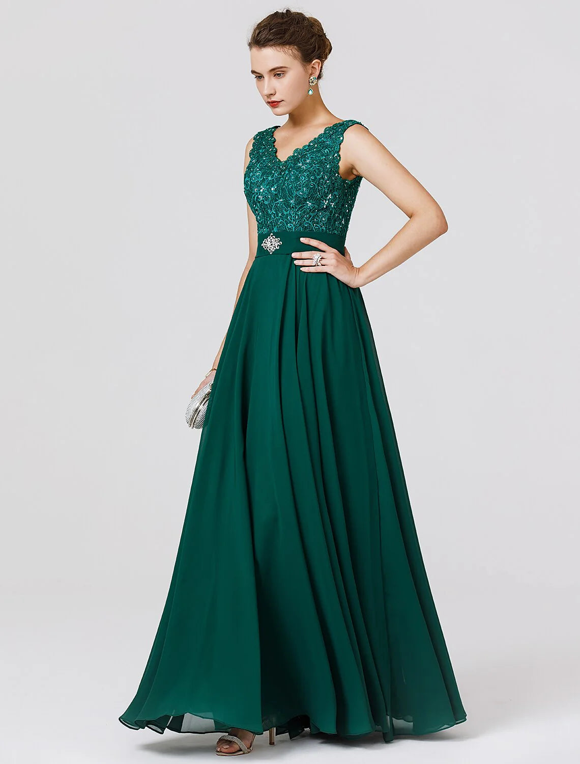 A-Line Elegant Dress Wedding Guest Formal Evening Floor Length Sleeveless V Neck Chiffon V Back with Sash / Ribbon Beading