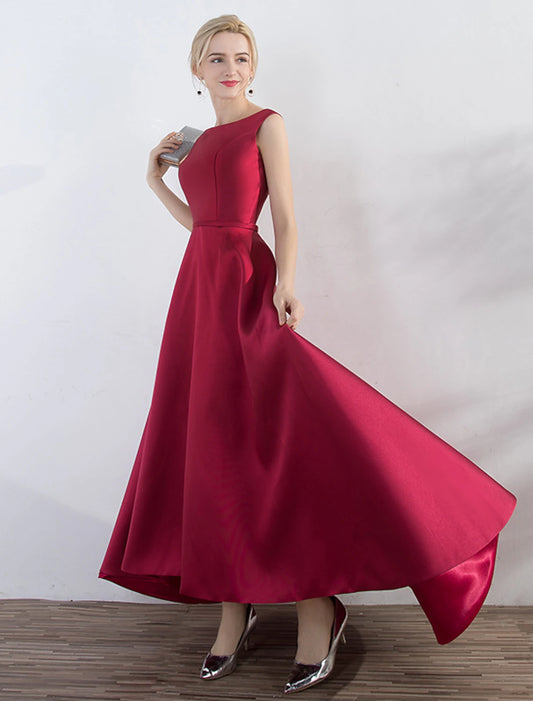 A-Line Evening Gown Red Dress Wedding Guest Party Wear Asymmetrical Sleeveless Jewel Neck Satin with Sleek