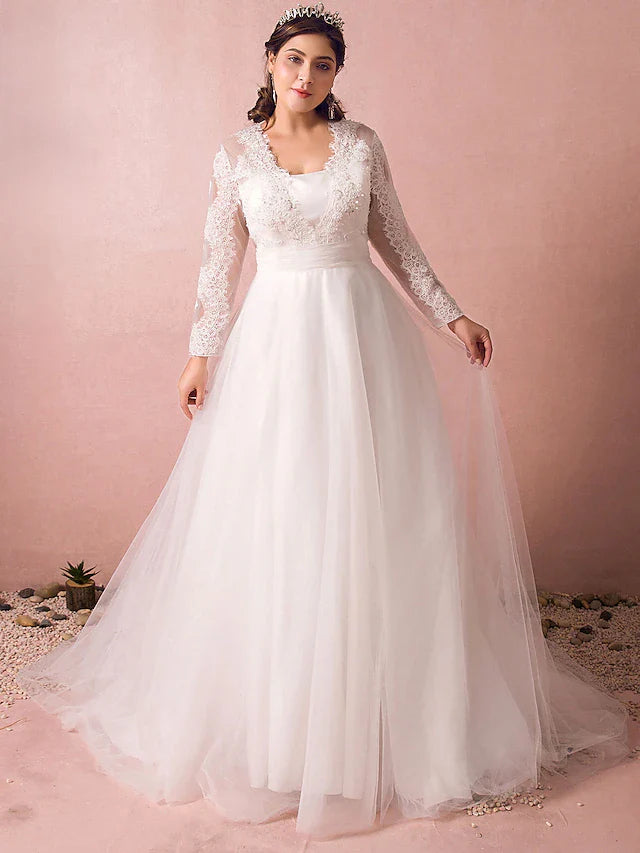 Hall Sparkle & Shine Wedding Dresses Court Train A-Line Long Sleeve Illusion Neck Satin With Buttons Ruched