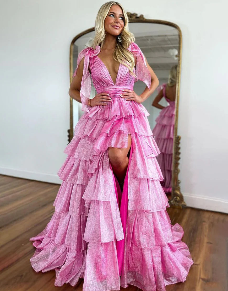 Glitter A-Line Straps Pink V Neck Tiered Long Prom Dress