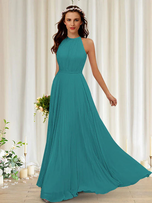 A-Line Bridesmaid Dress Halter Neck Sleeveless Elegant Floor Length Chiffon / Lace with Pleats