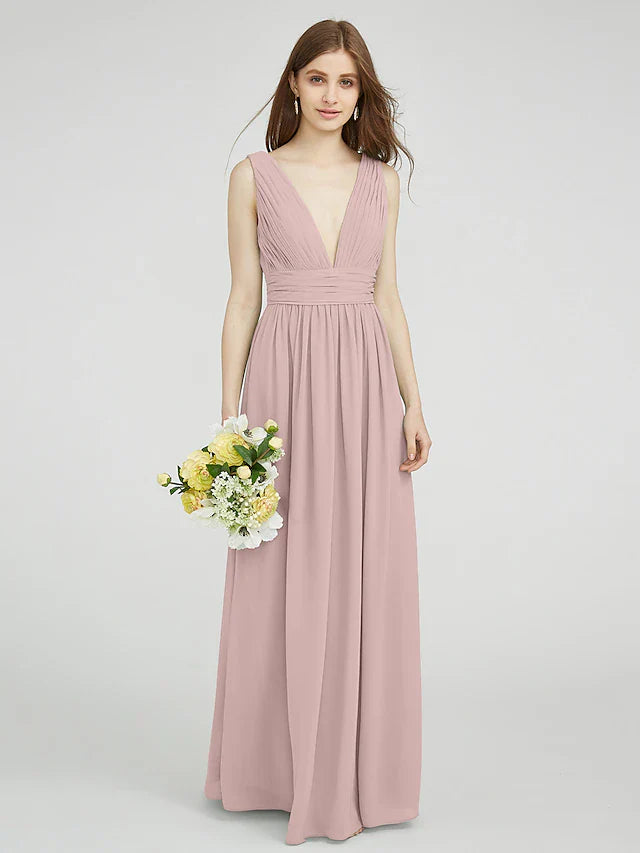 Sheath / Column Bridesmaid Dress V Neck Sleeveless Elegant Floor Length Chiffon with Ruched / Side Draping