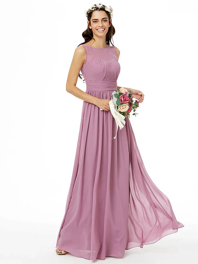 A-Line Bridesmaid Dress Jewel Neck Sleeveless Open Back Floor Length Chiffon with Sash / Ribbon / Pleats / Ruched