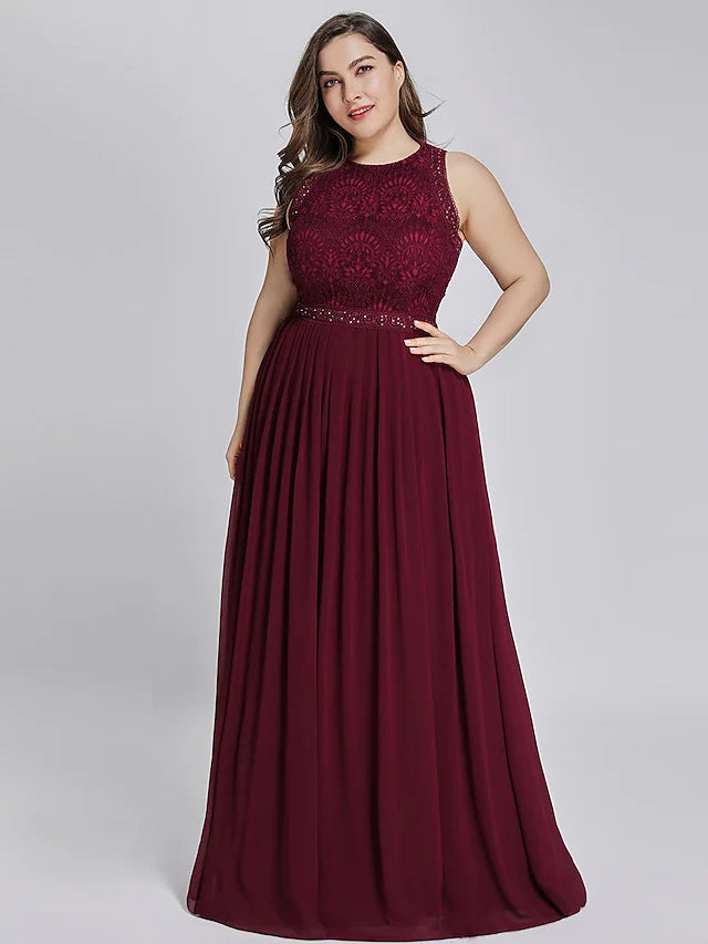 A-Line Prom Dresses Elegant & Luxurious Dress Wedding Guest Floor Length Sleeveless Jewel Neck Chiffon with Crystals