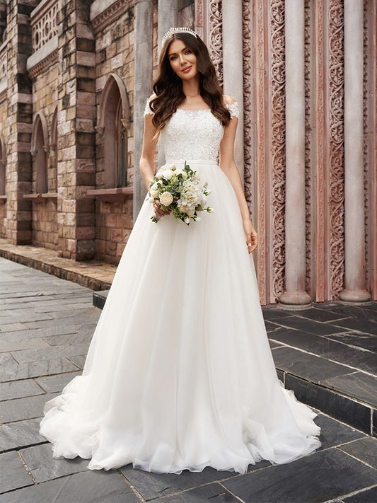 A-Line/Princess Applique Off-the-Shoulder Sleeveless Tulle Chapel Train Wedding Dresses