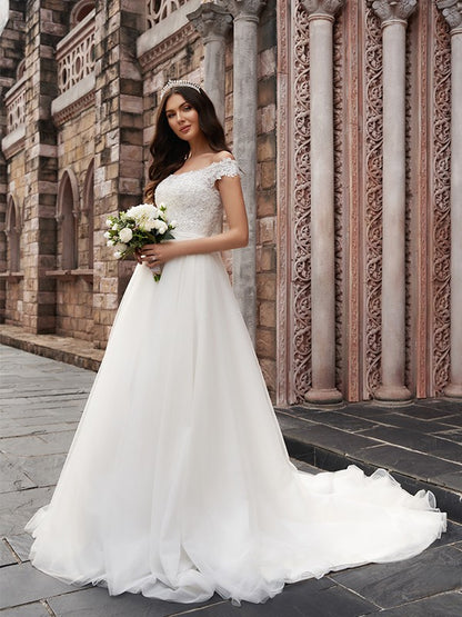 A-Line/Princess Applique Off-the-Shoulder Sleeveless Tulle Chapel Train Wedding Dresses