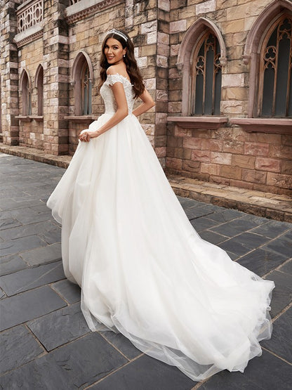 A-Line/Princess Applique Off-the-Shoulder Sleeveless Tulle Chapel Train Wedding Dresses