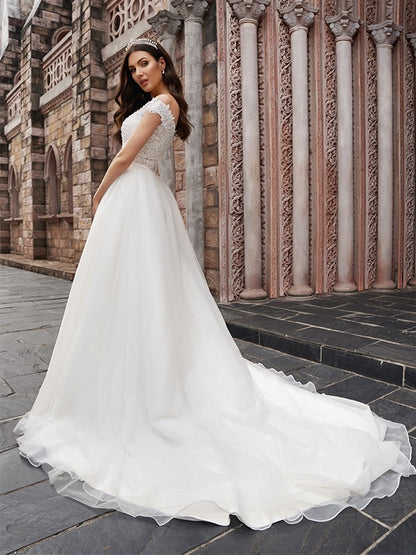 A-Line/Princess Applique Off-the-Shoulder Sleeveless Tulle Chapel Train Wedding Dresses