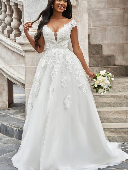 A-Line/Princess Tulle V-neck Applique Sleeveless Sweep/Brush Train Wedding Dresses