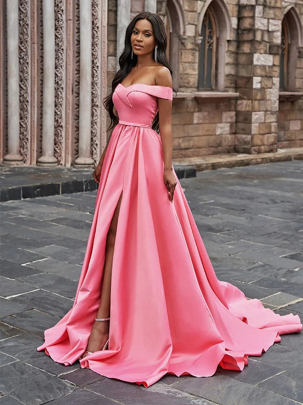 A-Line Princess Satin Sleeveless Ruffles Off-the-Shoulder Court Train Dresses